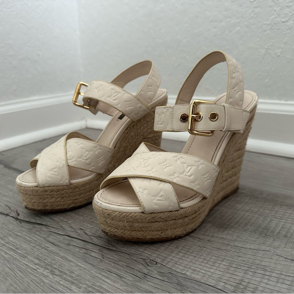 Louis Vuitton Cream Espadrille Wedges with Gold Buckle